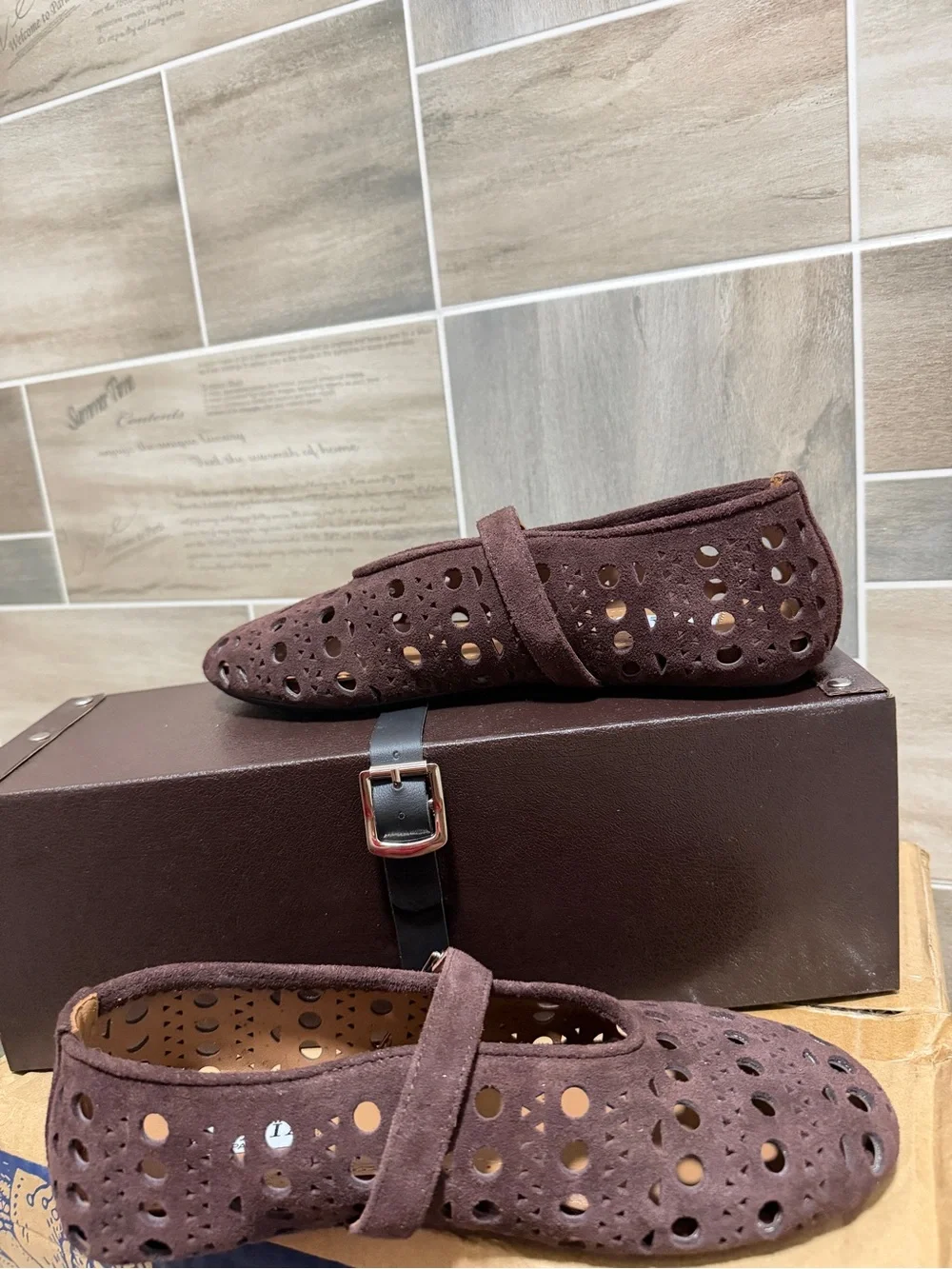 Kids Brown Suede Mary Jane Shoes with Perforated Detail